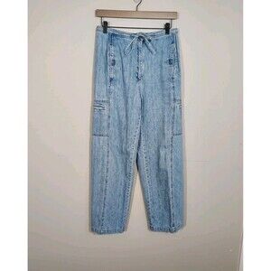 Y2K Cargo Denim Jeans Tie Waist Baggy Utility Wide Leg Streetwear Sz 10